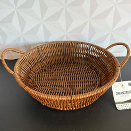 Imagem de Cesta de plástico rattan marrom para mesa posta para pão alimentos multiuso com alça