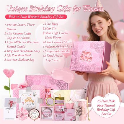 Imagem de Cesta de Presente de Aniversário TsunNee, Conjunto Rosa de 12 Peças para Mulheres
