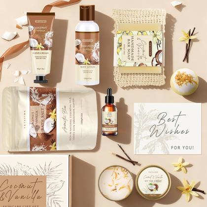 Imagem de Cesta de Presente VKTASIMK Kit de Spa de Coco e Baunilha para Mulheres