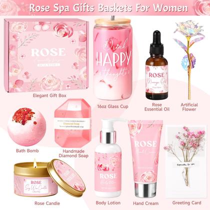Imagem de Cesta de presentes de spa GiftPeak Rose Relaxing para mulheres com copo de 16 onças