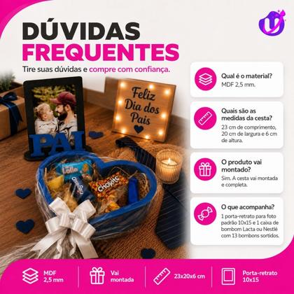 Imagem de Cesta Dia dos Pais Formato Coração Premium com Chocolates Sortidos e Porta Retrato