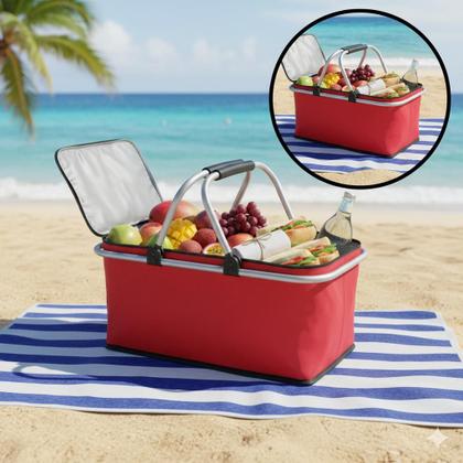 Imagem de Cesta Dobrável Térmica 30L com Alça de Alumínio  Ideal para Feira, Piquenique, Praia, Compras e Armazenamento Doméstico