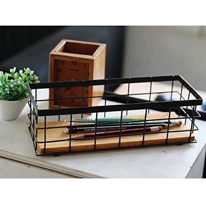 Imagem de Cesta organizadora de armazenamento KiaoTime Metal Wire com base de madeira