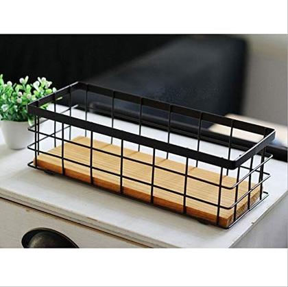 Imagem de Cesta organizadora de armazenamento KiaoTime Metal Wire com base de madeira