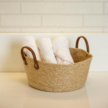 Imagem de Cesta Organizadora Palha Multiuso em Fibra Natural 24x11 cm Mocca com Alça