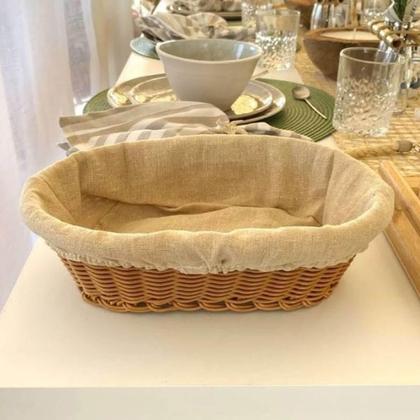 Imagem de Cesta Porta Pão 27x20cm Oval Rattan Plástico Forro Tecido Cesto Lyor