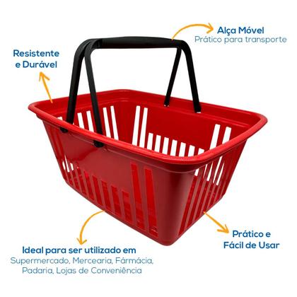 Imagem de Cestas de Mercado Pequena Kit 2  Vermelha com Alça Plástica Preta 8L