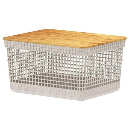 Imagem de Cesto 8L Organizador Multiuso OU Bege com Tampa de Bambu