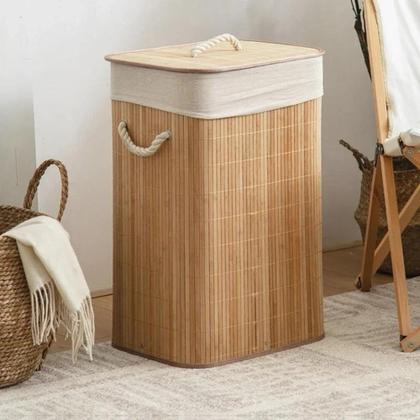 Imagem de Cesto Alça P/ Roupa Suja 72 Litros Bambu Dobrável Retangular - MHR
