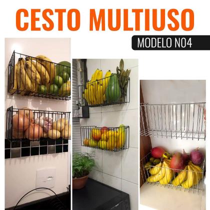 Imagem de Cesto Aramado Fruteira de Parede 35cm para Cozinha Lavanderia Quarto N4 Cromado