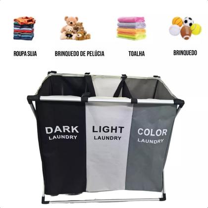 Imagem de Cesto classificador dobrável para pano de lavanderia com estrutura de alumínio, com 3 seções para fácil classificação