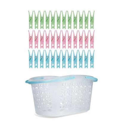Imagem de Cesto com Prendedores 36 Peças Mor  Prendedor 1x2x7cm  Cesto 11,5x15,5x23,5cm  Azul, Rosa Verde