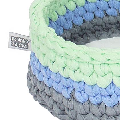 Imagem de Cesto Crochê Redondo 15 CM Azul e Verde Quarto Bebê Infantil