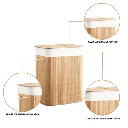 Imagem de Cesto De Bambu Retangular 72L Com Tampa Forrado B-Max BM-F1102