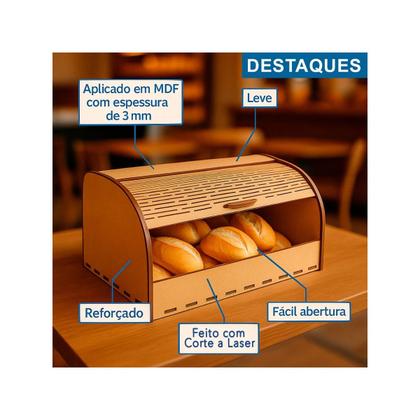 Imagem de Cesto de Pão em MDF Cru com Tampa Deslizante  PortaPães Decorativo e Funcional para Cozinha  MDF 3mm com Acabamento a Laser