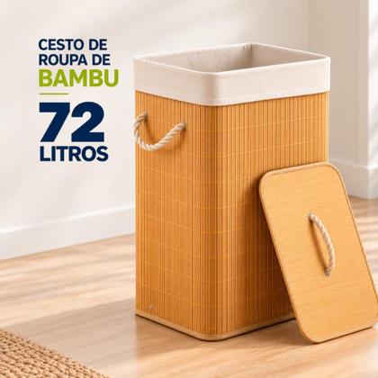 Cesto De Roupa Bambu Banheiro Lavanderia Com Tampa e Alças Forrado 72 Litros Grande Vittak