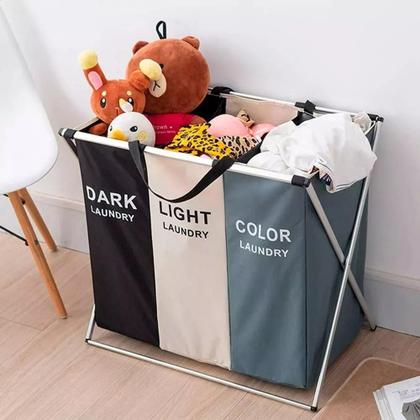 Cesto De Roupa Banheiro Lavanderia Organizador 3 Divisórias Multiúso Dobrável Separador - CESTO ROUPA DIVISORIA Imagem de Cesto De Roupa Banheiro Lavanderia Organizador 3 Divisórias Multiúso Dobrável Separador