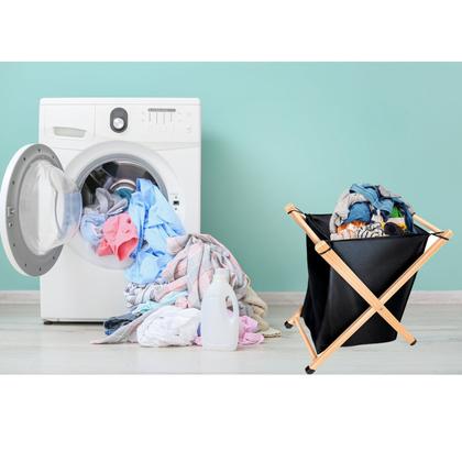Imagem de Cesto De Roupa Organizador 50 Litros Tecido e Madeira Dobravel Retratil Preto