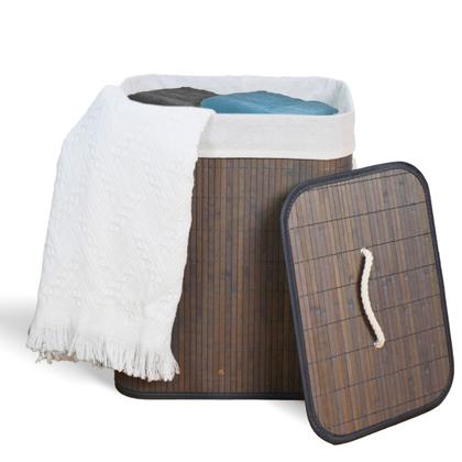 Imagem de Cesto de roupa suja de bambu com tampa e alças 50 litros organizador lavanderia brinquedos