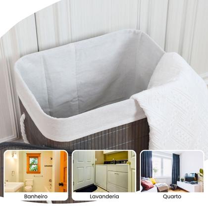 Imagem de Cesto de roupa suja de bambu com tampa e alças 50 litros organizador lavanderia brinquedos