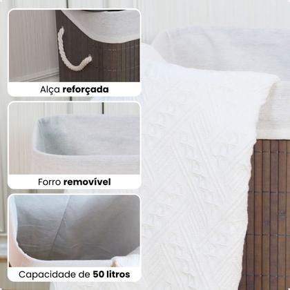 Imagem de Cesto de roupa suja de bambu com tampa e alças 50 litros organizador lavanderia brinquedos