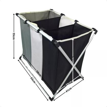Imagem de Cesto De Roupa Suja Organizador 3 Divisórias Dobrável Cor Cinza/Branco/Preto