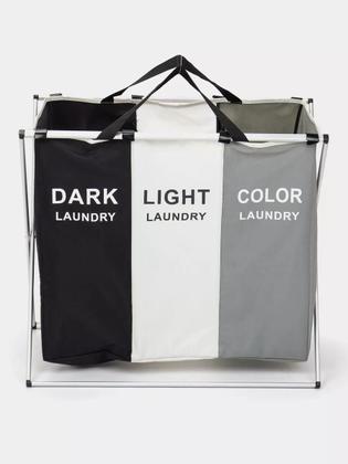 Imagem de Cesto De Roupa Suja Organizador 3 Divisórias Dobrável Cor Cinza/Branco/Preto