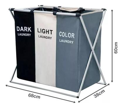 Imagem de Cesto De Roupa Suja Organizador 3 Divisórias Dobrável Cor Cinza/Branco/Preto