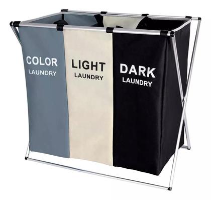 Imagem de Cesto De Roupa Suja Organizador 3 Divisórias Dobrável Cor Cinza/Branco/Preto