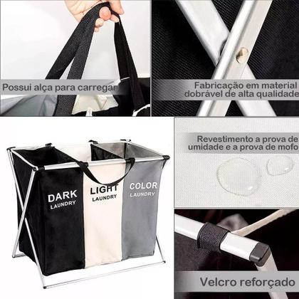 Imagem de Cesto De Roupa Suja Organizador 3 Divisórias Dobrável Cor Cinza/Branco/Preto