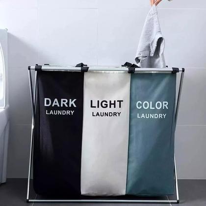 Imagem de Cesto De Roupa Suja Organizador 3 Divisórias Dobrável Cor Cinza/Branco/Preto