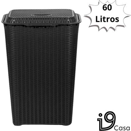 Imagem de Cesto de Roupa Suja Rattan Com Tampa e Alça Basculada 60 Litros + Fruteira Redonda Tripla Preto Lavanderia e Cozinha
