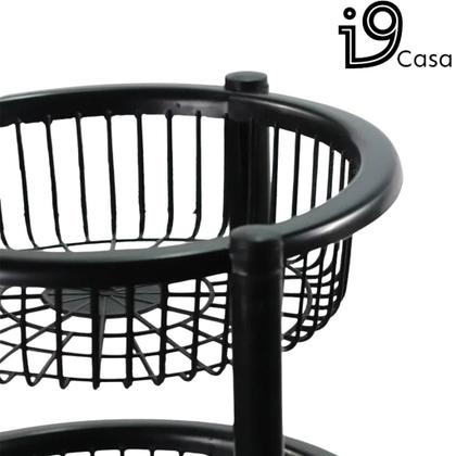 Imagem de Cesto de Roupa Suja Rattan Com Tampa e Alça Basculada 60 Litros + Fruteira Redonda Tripla Preto Lavanderia e Cozinha