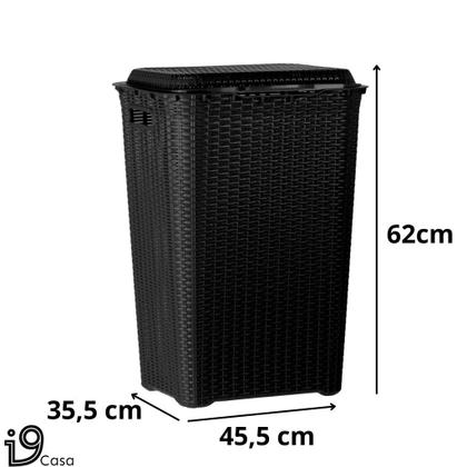 Imagem de Cesto de Roupa Suja Rattan Com Tampa e Alça Basculada 60 Litros + Fruteira Redonda Tripla Preto Lavanderia e Cozinha