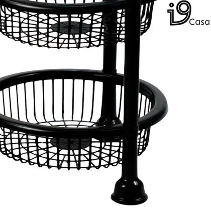 Imagem de Cesto de Roupa Suja Rattan Com Tampa e Alça Basculada 60 Litros + Fruteira Redonda Tripla Preto Lavanderia e Cozinha