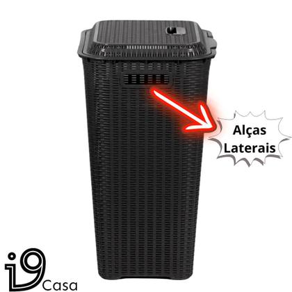 Imagem de Cesto de Roupa Suja Rattan Com Tampa e Alça Basculada 60 Litros + Fruteira Redonda Tripla Preto Lavanderia e Cozinha
