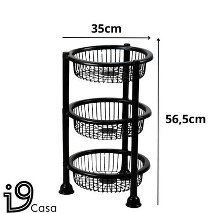 Imagem de Cesto de Roupa Suja Rattan Com Tampa e Alça Basculada 60 Litros + Fruteira Redonda Tripla Preto Lavanderia e Cozinha