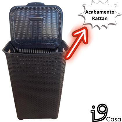 Imagem de Cesto de Roupa Suja Rattan Com Tampa e Alça Basculada 60 Litros + Fruteira Redonda Tripla Preto Lavanderia e Cozinha