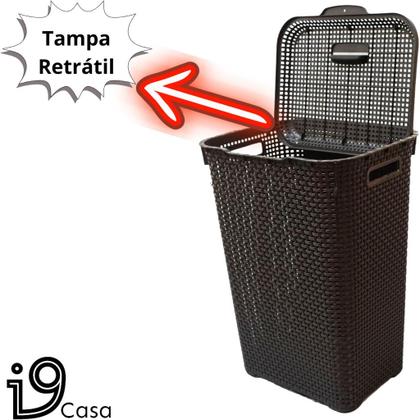 Imagem de Cesto de Roupa Suja Rattan Com Tampa e Alça Basculada 60 Litros + Fruteira Redonda Tripla Preto Lavanderia e Cozinha