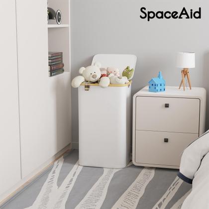 Imagem de Cesto de roupa suja SpaceAid 110L com tampa e alças de bambu - branco
