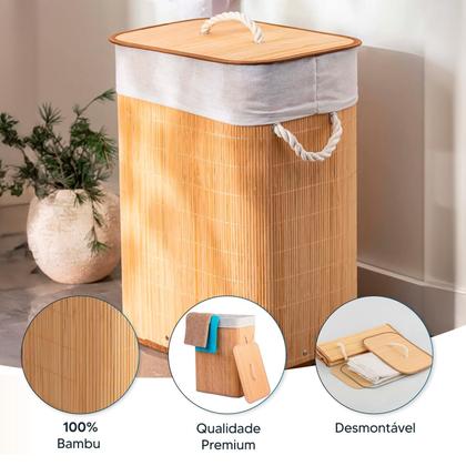 Imagem de Cesto De Roupas Bambu Retangular Banheiro Lavanderia