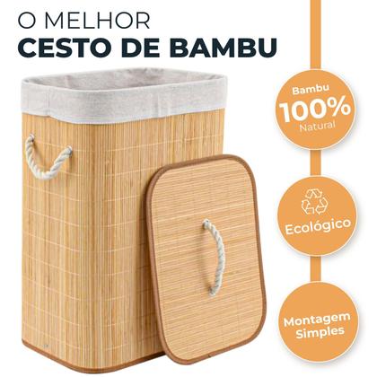 Imagem de Cesto De Roupas Bambu Retangular Banheiro Lavanderia