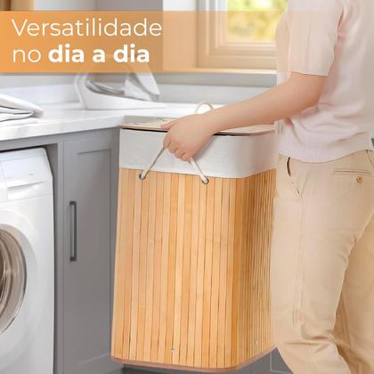 Imagem de Cesto De Roupas Bambu Retangular Banheiro Lavanderia
