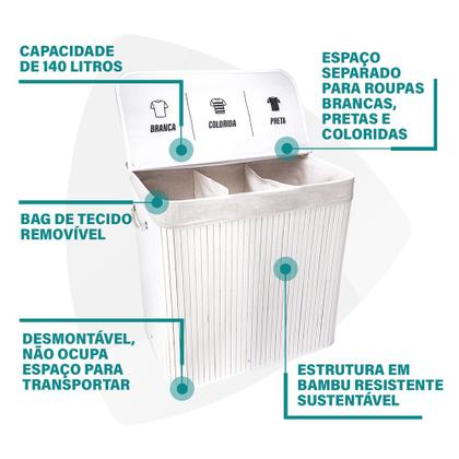 Imagem de Cesto de Roupas Com Divisória Roupeiro Bambu Branco Artiko Family Organizador Triplo Com Tampa 140L