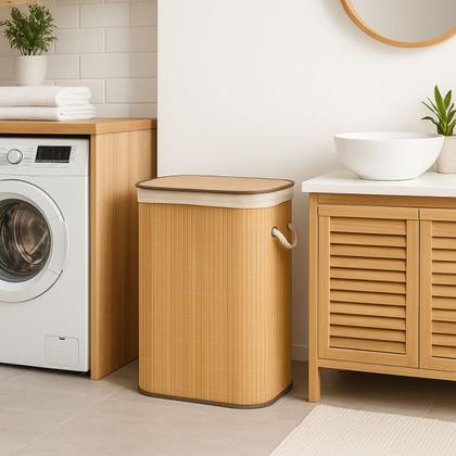 Imagem de Cesto de Roupas em Bambu Retangular Banheiro Lavanderia Organizador
