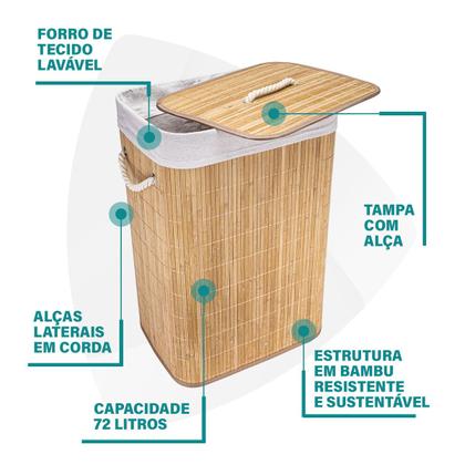 Imagem de Cesto de Roupas Multiuso Roupeiro Bambu Retangular Artiko Pratic Organizador Com Tampa 72L
