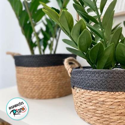 Imagem de Cesto Decorativo Paracanass de Seagras Natural e Preto com alça- 34x34x30cm - 1 unidade - Rizzo