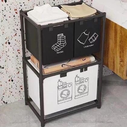Imagem de Cesto lavanderia triplo estante metal roupa suja 2 andares roupeiro 3 divisorias organizador banheiro multiuso armario d