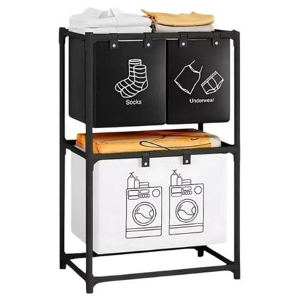Imagem de Cesto lavanderia triplo estante metal roupa suja 2 andares roupeiro 3 divisorias organizador banheiro multiuso armario d