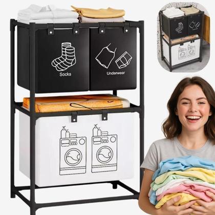 Imagem de Cesto lavanderia triplo estante metal roupa suja 2 andares roupeiro 3 divisorias organizador banheiro multiuso armario d